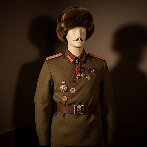 Photograph of a mannequin in a vintage Soviet military uniform with a fur hat, red epaulets, medals, and a brown belt