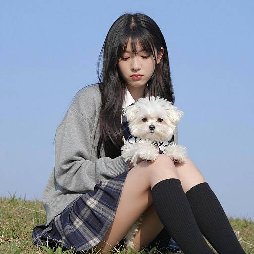 Asian Girl Sitting on Grass with Small White Dog