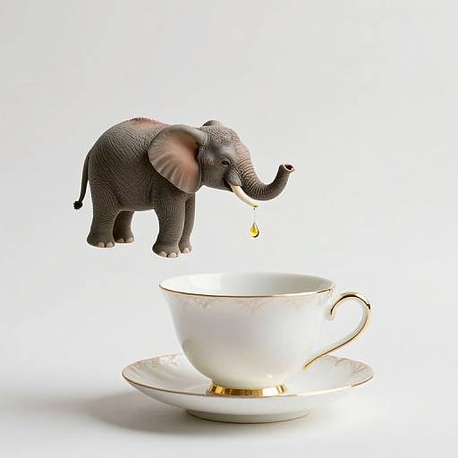 Small detailed gray elephant figurine with trunk dipping into gold-rimmed white teacup on matching saucer, against white background. Photorealistic