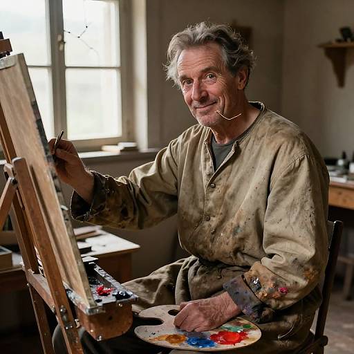 Photograph of an elderly, gray-haired male artist with weathered, smiling face, wearing a dirty, beige shirt, painting at a sunlit,