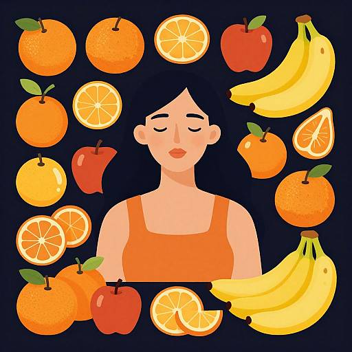 Digital illustration of a serene woman with closed eyes, wearing an orange tank top, surrounded by vibrant oranges, bananas, apples, and citrus slices on a