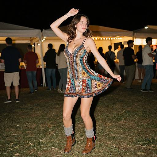 Photograph of a brunette woman in a colorful, patterned mini dress, brown boots, and gray socks, dancing at a nighttime outdoor event with string