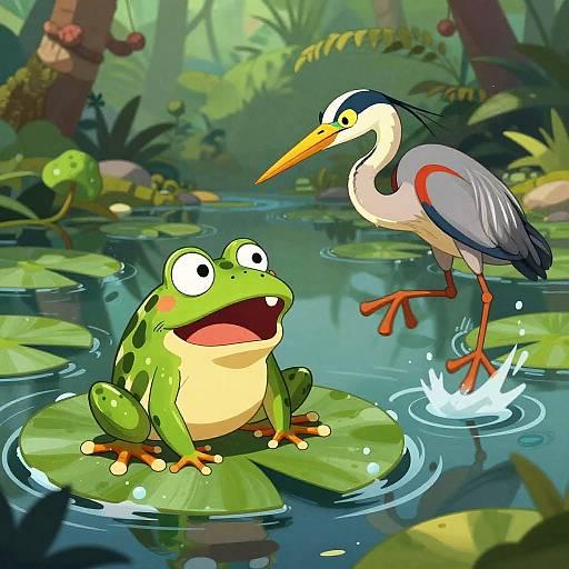 Cartoon-style drawing of a startled green frog on a lily pad, looking up at a blue-grey heron with orange legs stepping into the water