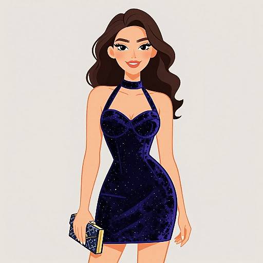 Digital illustration of a smiling woman with long brown hair, wearing a sparkly dark blue halter dress and holding a black clutch, standing against a white