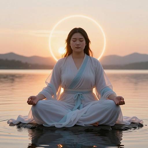 Photograph of a serene Asian woman with long black hair, wearing a white robe, meditating cross-legged in a calm lake at sunset, with a
