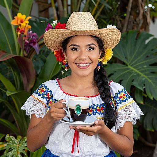 Traditional Colombian Woman with Coffee and Emerald