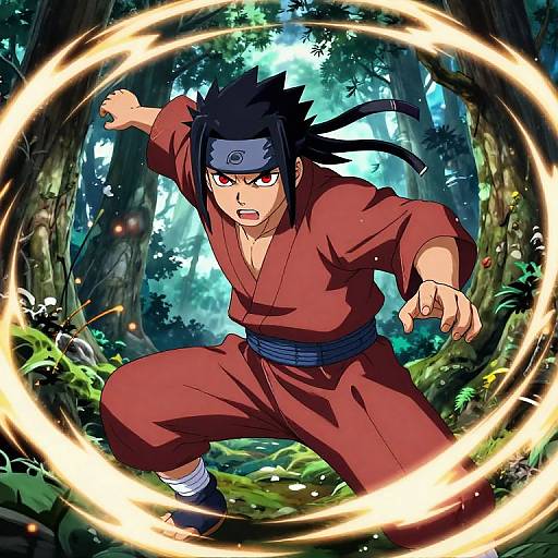 Anime-style drawing of a determined young ninja with spiky black hair, red gi, blue headband, and glowing energy ring in a lush forest.