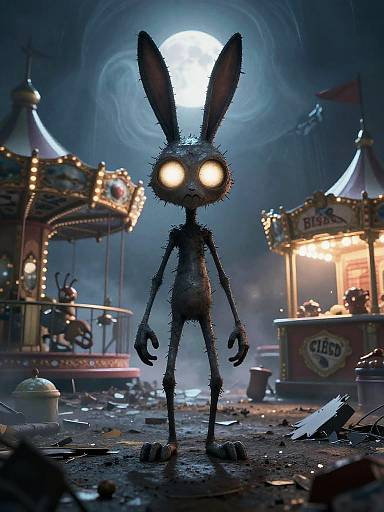 CGI image of a creepy, tall, black-furred rabbit with glowing eyes standing in a dark, ruined carnival with a full moon and damaged,