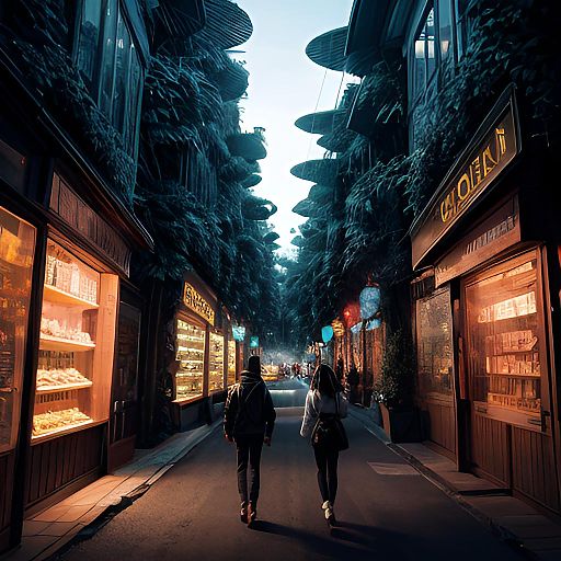 Futuristic Urban Street with Illuminated Trees