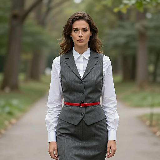 Professional Woman in Gray Pinstripe Waistcoat and Skirt