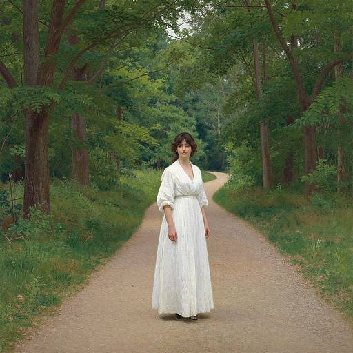 Photograph of a woman with curly brown hair, wearing a long white dress, standing on a forest path surrounded by tall trees.