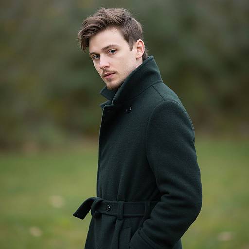 Photograph of a young white man with short brown hair, wearing a black coat, standing in a blurred green grassy field.