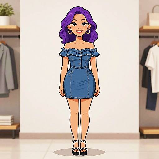 Digital cartoon of a smiling woman with purple hair wearing an off-shoulder blue denim dress and black heels, standing in a brightly lit clothing store with