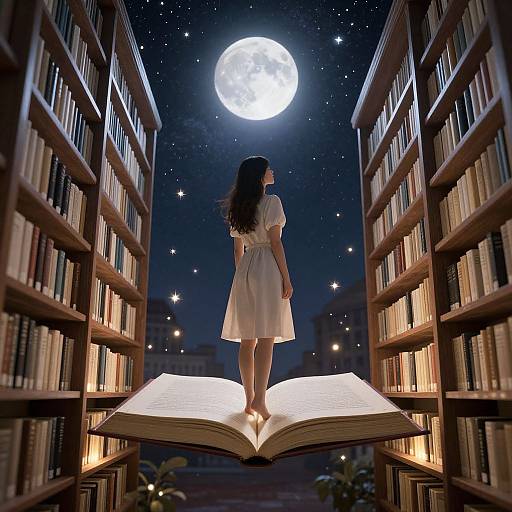 Photograph-like digital art of a woman in a white dress standing on an open book, surrounded by bookshelves, under a glowing full moon and