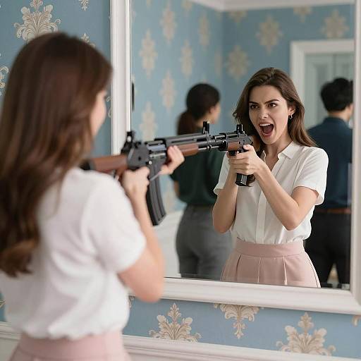 Aggressive Woman with Rifle in Reflection