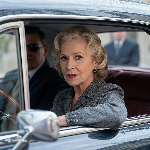Photograph of an elegant older woman with blonde curls, wearing a gray wool blazer, seated in a classic car, looking forward with a serious expression