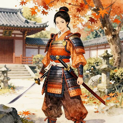 Anime-style digital illustration of a samurai woman in orange and black armor, holding a sword, standing under autumn leaves, with traditional Japanese buildings in the