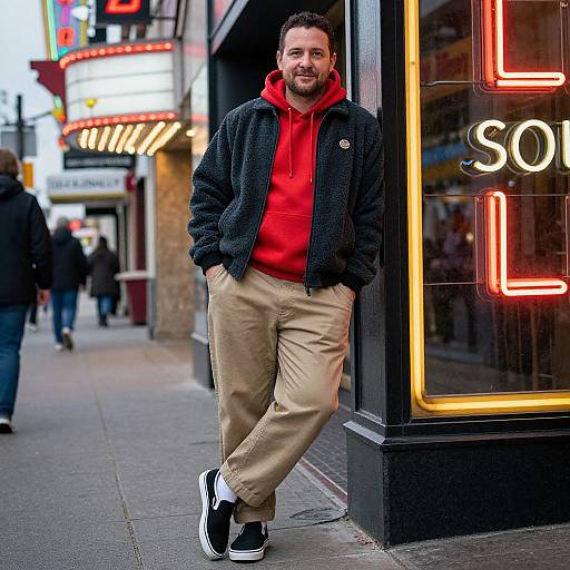 Photograph of a smiling man with short dark hair and beard, wearing a red hoodie, black fleece jacket, beige pants, and black sneakers, leaning