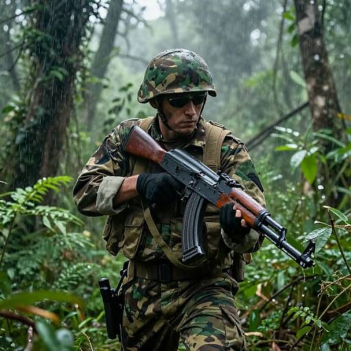Photograph of a focused male soldier in camouflage uniform, helmet, and gloves, holding a rifle, walking through a rainy, dense forest.