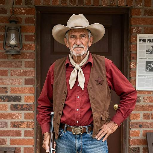 Confident Old Cowboy by Brick Wall