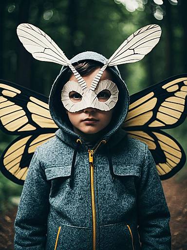 Boy in Moth Costume in Forest