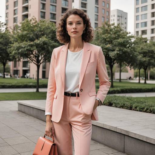 Elegant Woman in Coral Pink Suit Outdoors