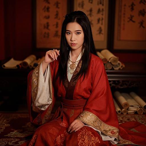 Photograph of an East Asian woman with long black hair, wearing a red traditional Korean hanbok with gold embroidery, sitting in a dimly lit