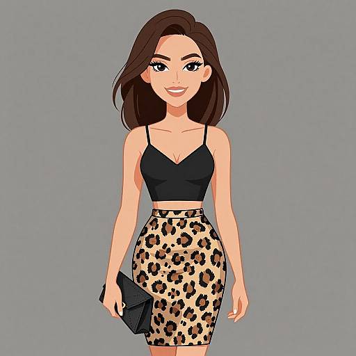 Digital illustration of a smiling woman with long brown hair, wearing a black crop top and leopard-print skirt, holding a black clutch, against a gray background