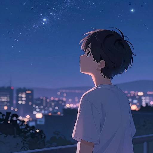 Anime-style digital drawing of a young boy with short brown hair, wearing a white shirt, gazing at a starry night sky over a cityscape