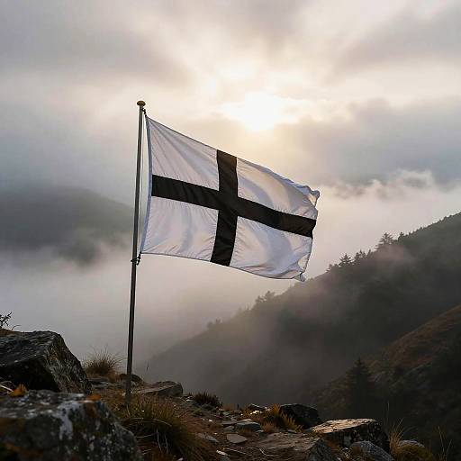 Mystical Mountain Pass with Flag