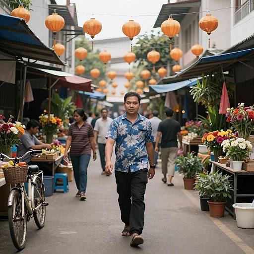 Blue Floral Shirt in Lantern-Lit Market