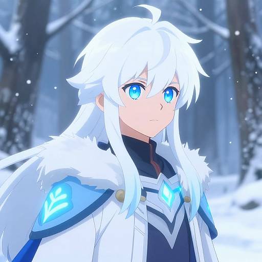 Anime-style digital drawing of a white-haired, blue-eyed character in a glowing blue and white winter cloak, standing in a snowy forest.