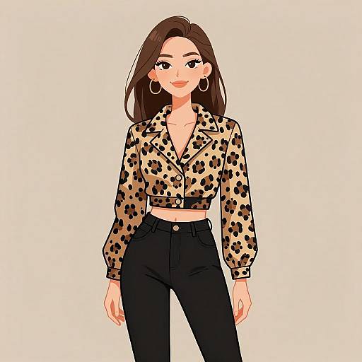 Smiling Woman in Trendy Leopard Jacket
