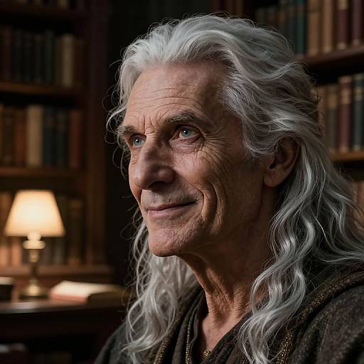 Photograph of an elderly man with long, wavy white hair, wrinkled face, and blue eyes, wearing a dark robe, in a dim
