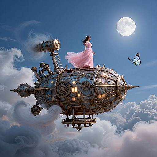 Steampunk airship with a girl in a flowing pink dress and a butterfly, soaring under a bright full moon in a sky filled with fluffy clouds