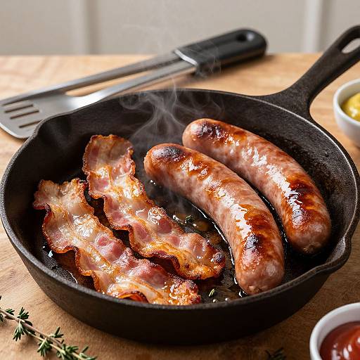 Photorealistic Sizzling Bacon and Sausages
