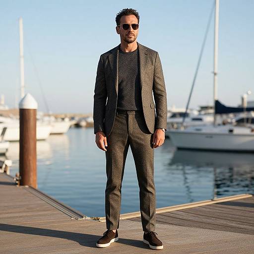 Photograph of a stylish man with dark hair, sunglasses, black suit, black t-shirt, and black sneakers, standing on a marina dock with