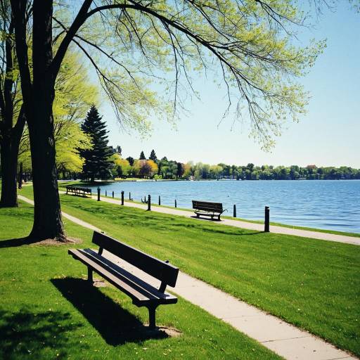 Lakeside Park with Benches and Walking Path