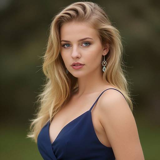 Realistic Blonde Woman in Smokey Blue Dress