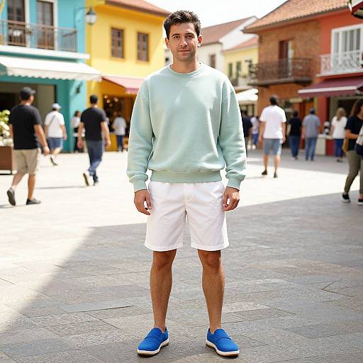 Photograph of a young man with short dark hair, wearing a light blue sweater, white shorts, and blue sneakers, standing in a sunlit,