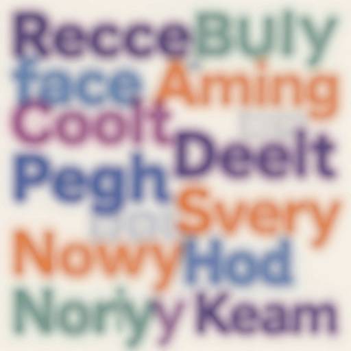 Blurry image of colorful, bold text words: 