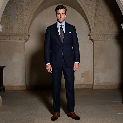 Photograph of a handsome, white male in a black suit, white shirt, dark tie, brown shoes, standing in an ornate, arched