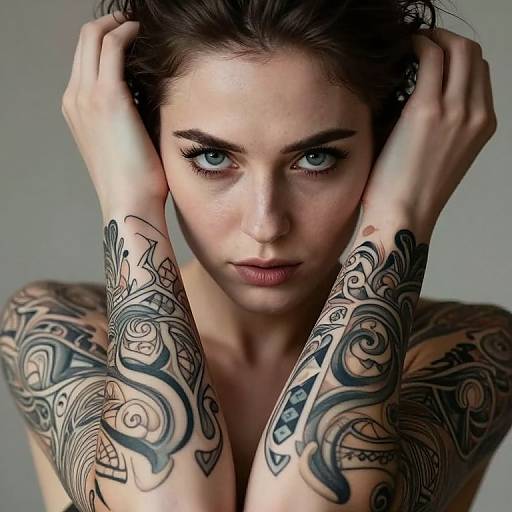 Photograph of a tattooed woman with intense blue eyes, dark brown hair, and intricate black tattoos on her arms, hands framing her face against a