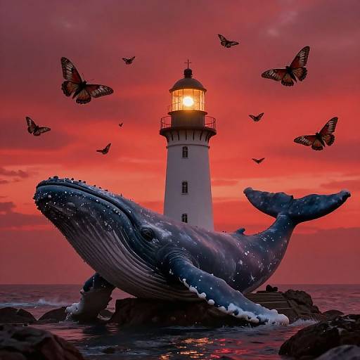 Photograph of a glowing lighthouse at sunset, with a giant blue whale and flying butterflies against a vivid red sky.