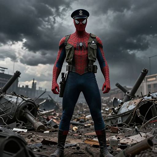 Photograph-style digital art of Spider-Man in police uniform, masked, standing amid a war-torn, debris-filled cityscape under stormy skies.