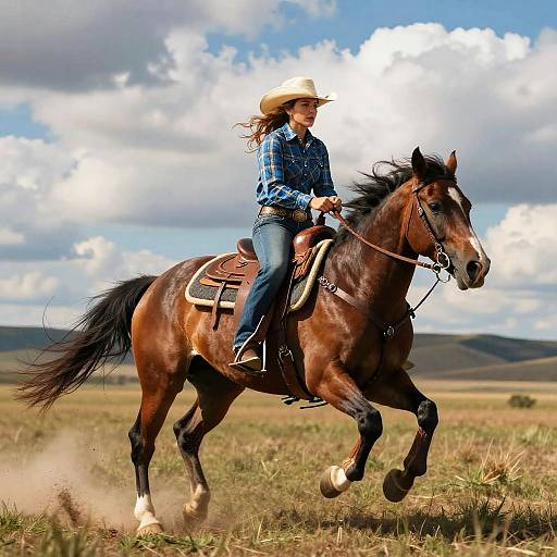 Photograph of a woman in a blue plaid shirt and white hat riding a brown horse through a grassy field with blue sky and clouds.