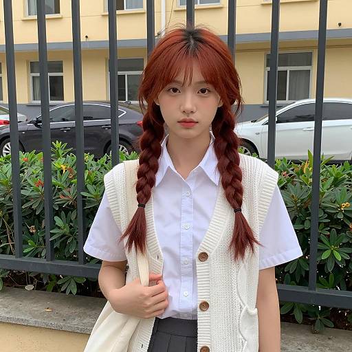 Young Woman with Red Braids by Fence