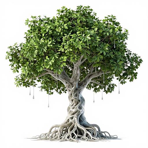 Photorealistic digital illustration of a lush, green-leaved tree with a twisted, exposed white trunk and hanging droplets of water.