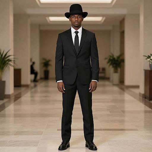Photograph of a tall, dark-skinned man in a black suit, white shirt, black tie, and black bowler hat, standing confidently in