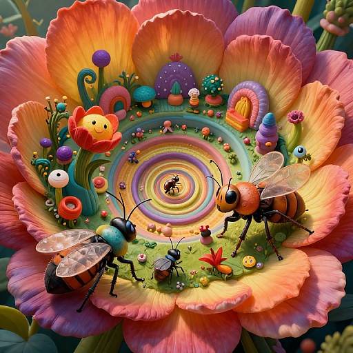 Vibrant digital artwork of colorful flowers with whimsical bees and butterflies, surrounded by surreal, multicolored mushrooms and tiny plants, centered around a